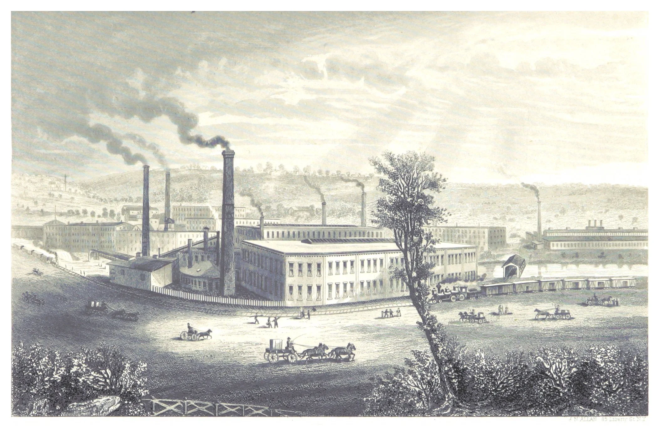 Historical illustration of a factory with smokestacks, multiple buildings, and horse-drawn carriages in the foreground.