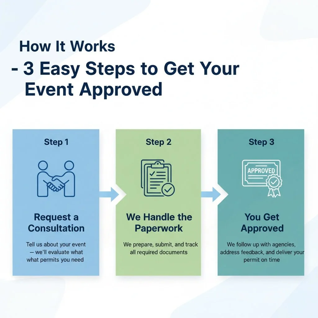 Infographic titled 'How It Works - 3 Easy Steps to Get Your Event Approved.' Step 1 shows two figures shaking hands, labeled 'Request a Consultation,' with a description about evaluating event permits. Step 2 has a clipboard with check marks, labeled 'We Handle the Paperwork,' with details on preparation and submission. Step 3 displays a certificate with an approval seal, labeled 'You Get Approved,' with a note about follow-up and timely permit delivery.