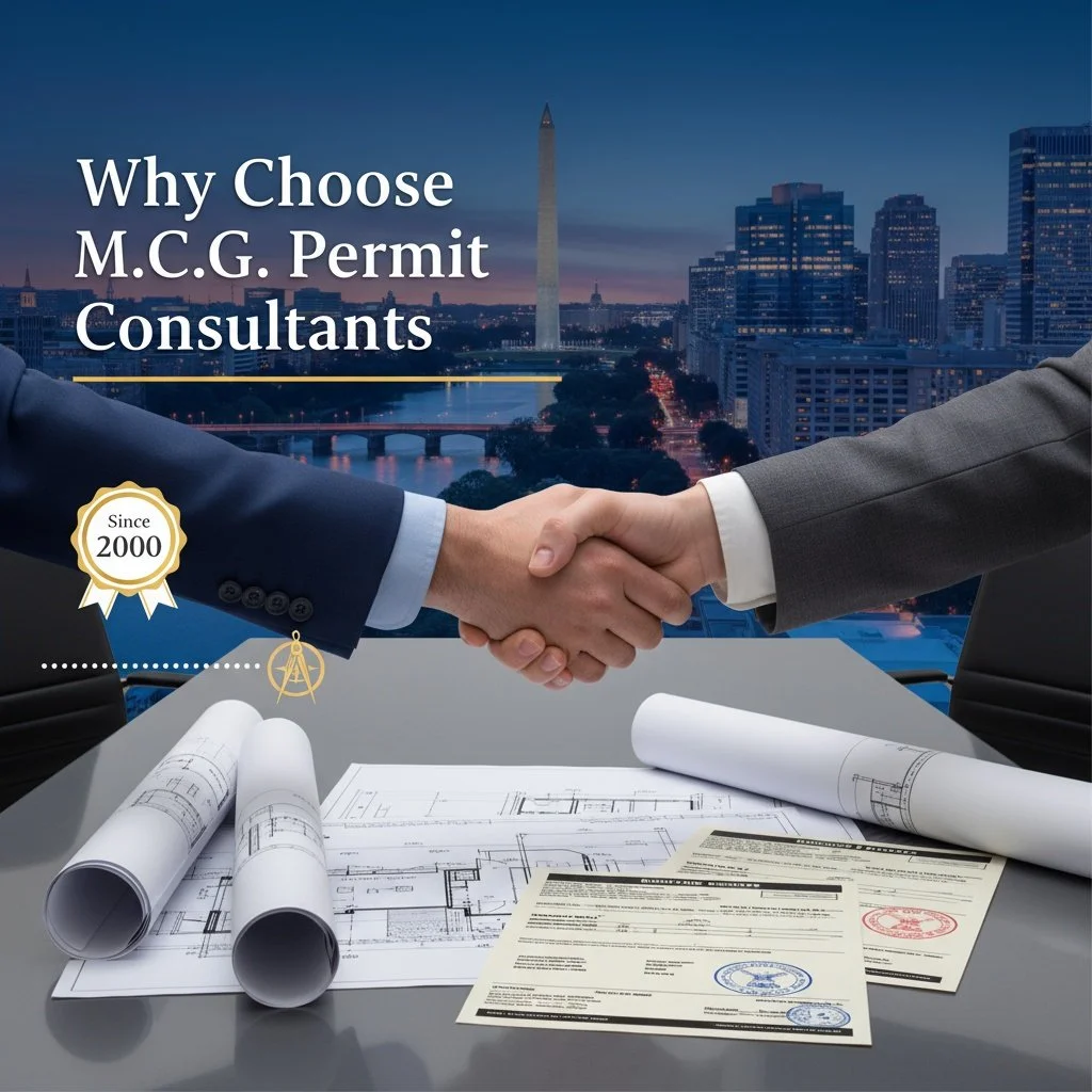 Two professionals shake hands over blueprints and documents on a table, with a city skyline and the Washington Monument in the background, promoting M.C.G. Permit Consultants.