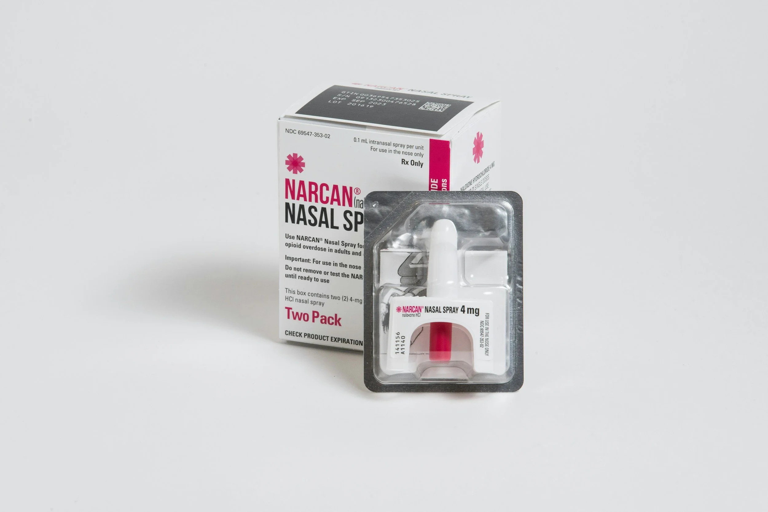 Box of Narcan nasal spray, with one spray device in front, labeled 4 mg, and a second device behind. The box indicates it is a two-pack of naloxone nasal spray.