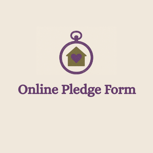 An online pledge form with an icon of a house with a heart inside, surrounded by a circular border, and the text "Online Pledge Form" below it.