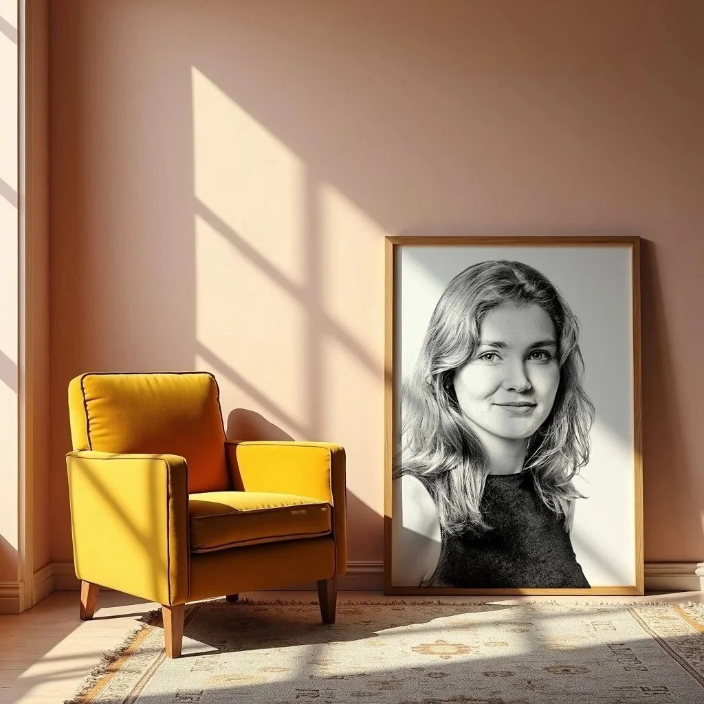 A yellow armchair next to a large framed black-and-white photograph of a woman, inside a room with pink walls and sunlight casting shadows.
