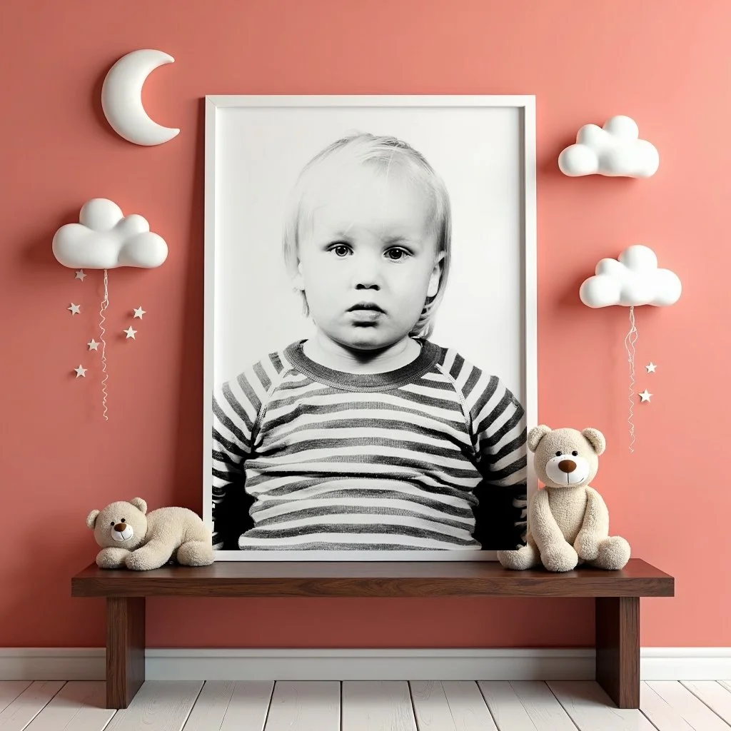 Decorative nursery wall featuring a large black and white portrait of a young child, surrounded by plush teddy bears, white cloud and moon-shaped wall decorations, and a pink wall background.