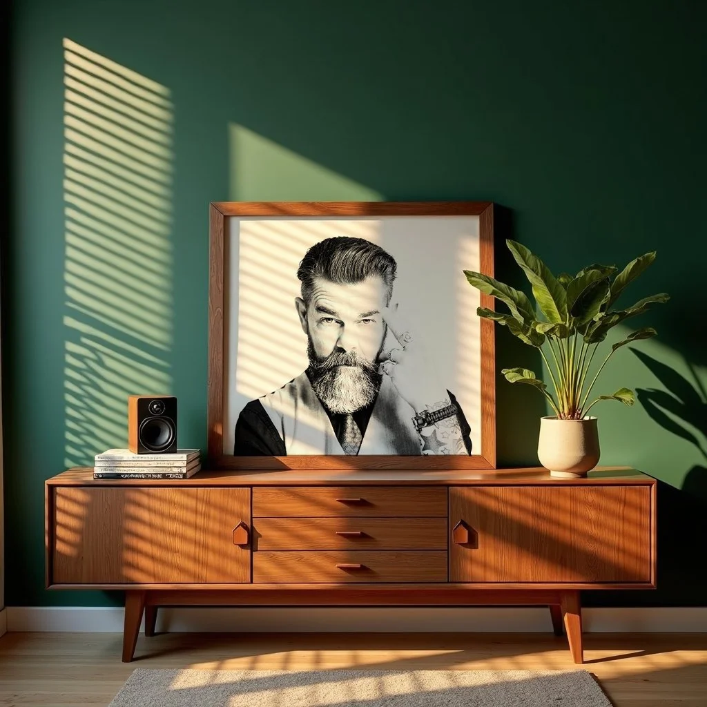 A mid-century modern wooden sideboard against a green wall with a large black-and-white portrait of a bearded man, a potted plant, a small speaker, and a stack of books. Light from a window creates striped shadows on the wall and furniture.