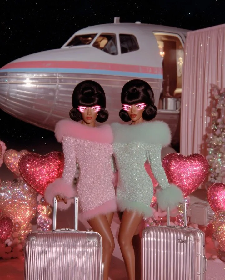 Boarding passes in hand, the women glide through an airport remade in pastel excess. Security trays glimmer with tiaras and champagne, the moving walkway becomes a catwalk, and Duty Free shimmers like a perfume-soaked stage.

First class feels like a