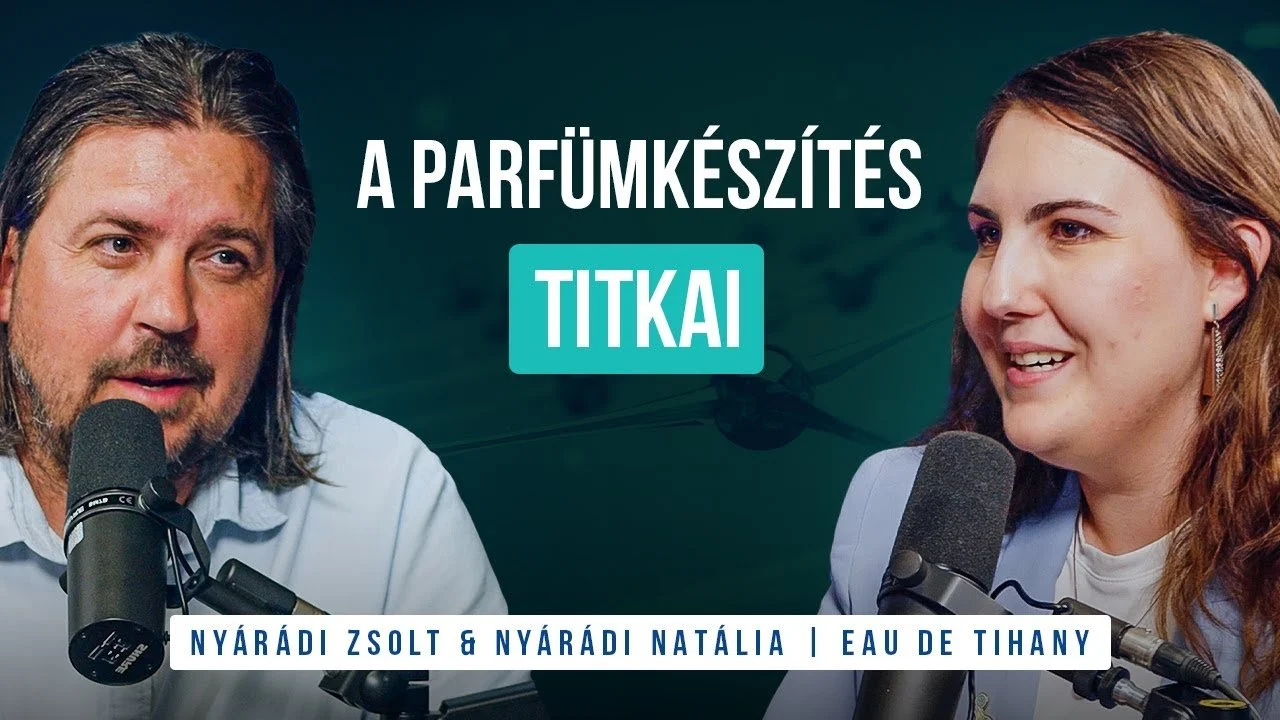Two people speaking into microphones during a discussion about perfumery, with text overlay in Hungarian and the names Nyárádi Zsolt and Nyárádi Natália, and a background image of a propeller airplane.