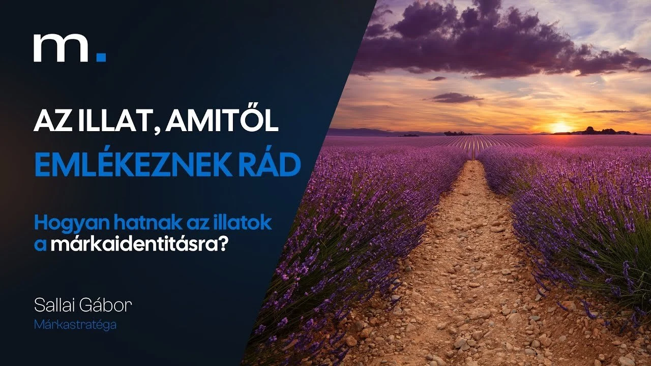 A promotional slide with a dark blue background on the left and a photo of a lavender field at sunset on the right. The slide includes Hungarian text about scent branding, with the title in large white and blue letters, and the presenter's name, Sallai Gábor, and his title, Màrka stràtega.