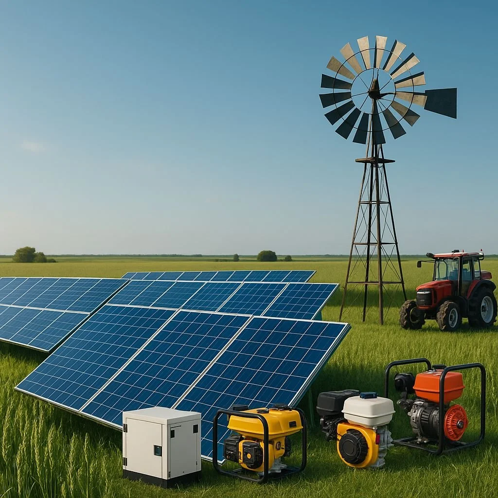 Energía renovable en campo abierto con paneles solares, aerogenerador, tractores y generadores de energía.