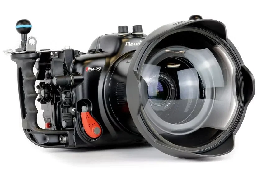 A professional underwater camera with a large lens and housing designed for deep-sea photography.
