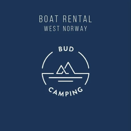 Logo for Bud Camping featuring mountain and water design, with text 'Boat Rental West Norway'.