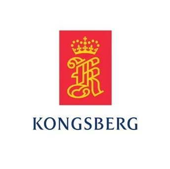 The image features a red background with a yellow crown and intricate yellow monogram, and the word "KONGSBERG" written below in blue.