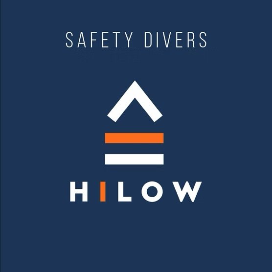 Logo with the words 'Safety Divers' and 'HILOW' on a navy blue background, featuring geometric shapes and orange accents.
