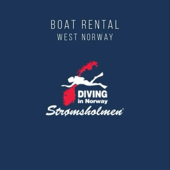 A promotional graphic for Stormsholmen, a boat rental and diving business in West Norway, featuring a diver silhouette and an outline of the Norwegian coastline in red.
