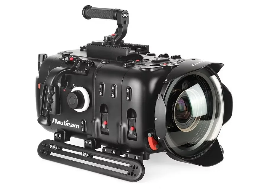 Underwater camera with a large lens, handle, and mounting equipment for professional underwater filming or photography.