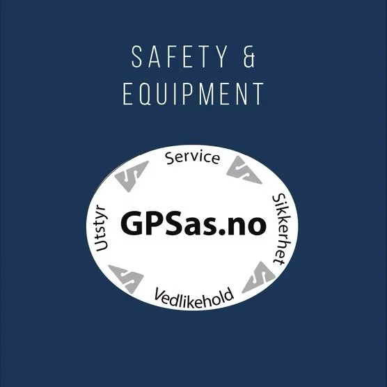 Image with dark blue background stating 'Safety & Equipment' at the top, featuring a white circle with black text 'GPSas.no' in the center, surrounded by words in Norwegian: 'Service,' 'Sikkerhet,' 'Vedlikehold,' and 'Utrustning,' with directional arrows.