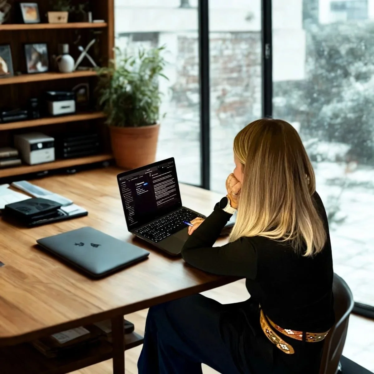 Une femme assise à une table en bois, regardant un ordinateur portable, dans une pièce éclairée par de grandes fenêtres, avec un décor intérieur comprenant une étagère en bois, des plantes et des objets décoratifs.