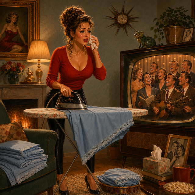 A vintage-inspired woman in black leggings and heels ironing blue pillowcases in front of an old television, moved to tears by people singing together on screen