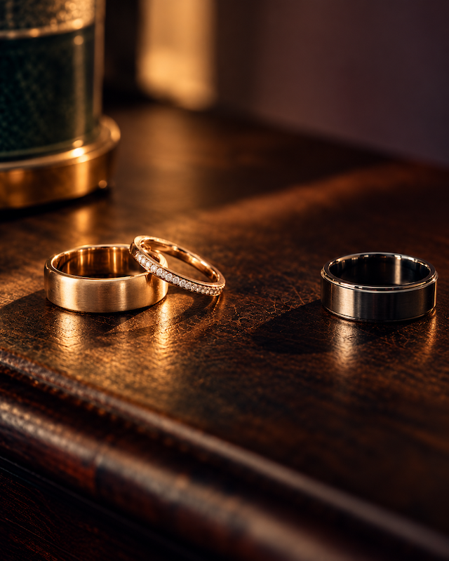 Two intertwined gold wedding rings sit together on a dark table, while a third, darker man's wedding band sits apart from them, symbolising another man entering the possibility of a marriage.