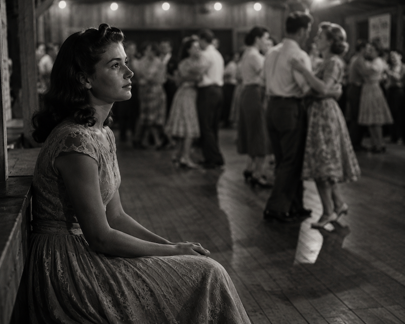 Black-and-white image of a young woman sitting at the edge of a crowded community dance hall while couples dance across the wooden floor behind her.