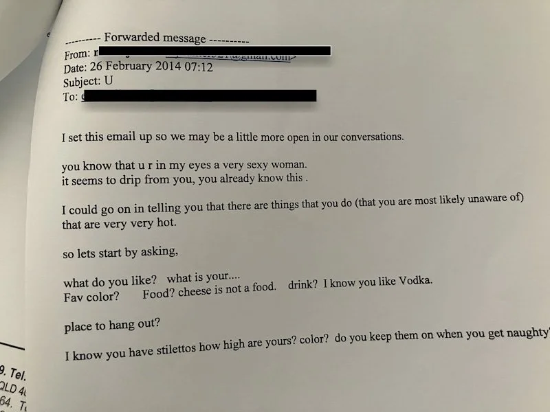 Screenshot of email exhibit showing an inappropriate message from a boss describing the recipient as “a very sexy woman” and asking sexual questions