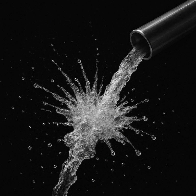 Black and white photograph of water under pressure emerging from a narrow opening