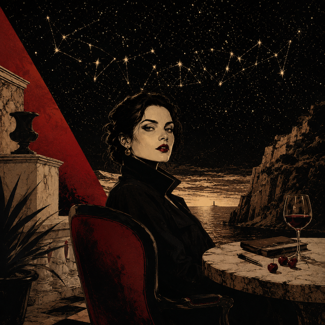 A vintage noir illustration of a dark-haired woman beneath a dramatic star-filled night sky, with red wine, cherries and constellations around her.