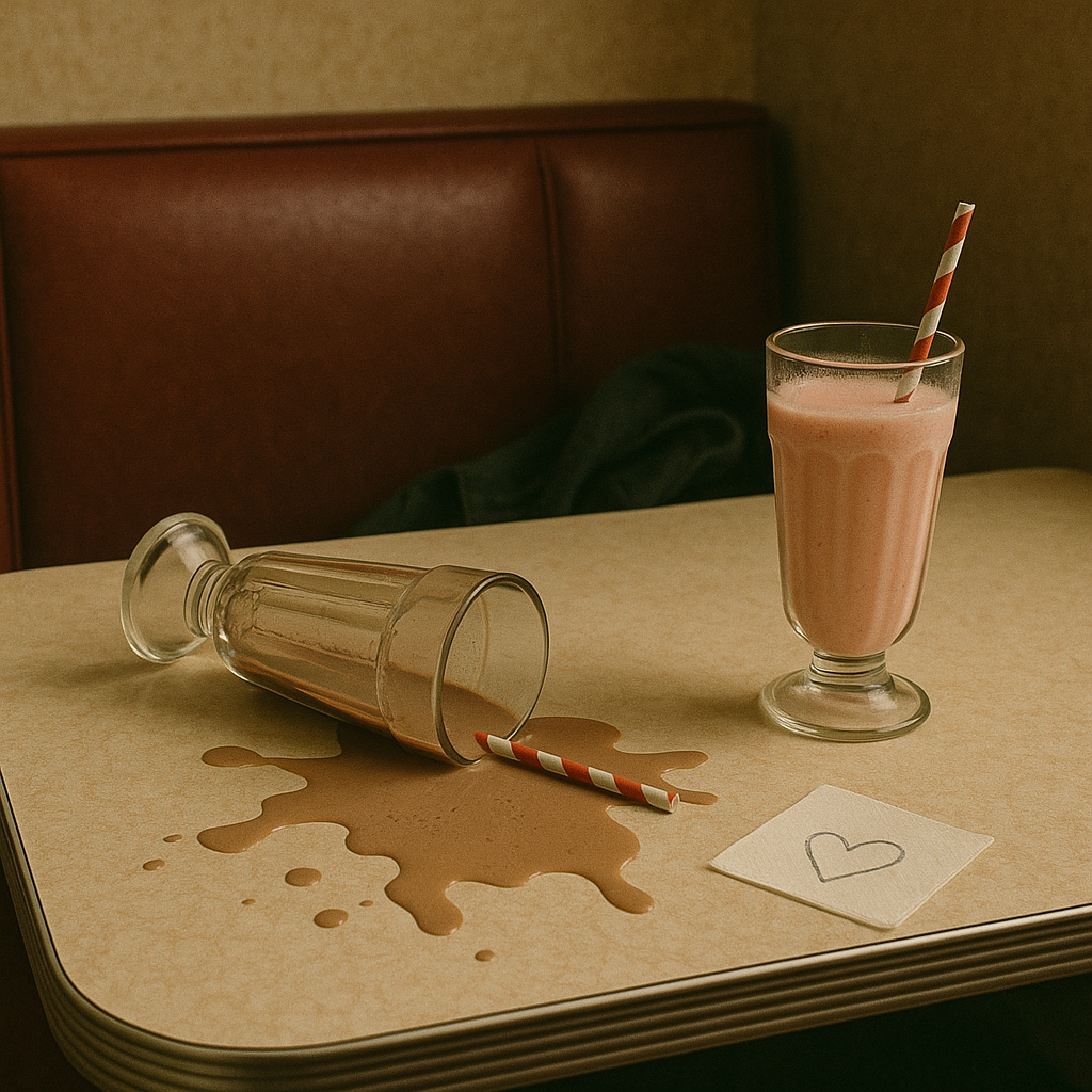 Spilled chocolate milkshake on retro cafe table with abandoned strawberry milkshake and heart on serviette