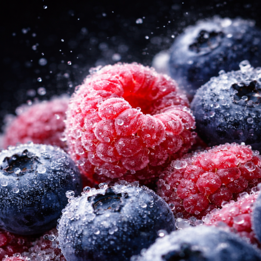 Close-up macro photograph of raspberries and blueberries covered in delicate ice crystals against a dark background