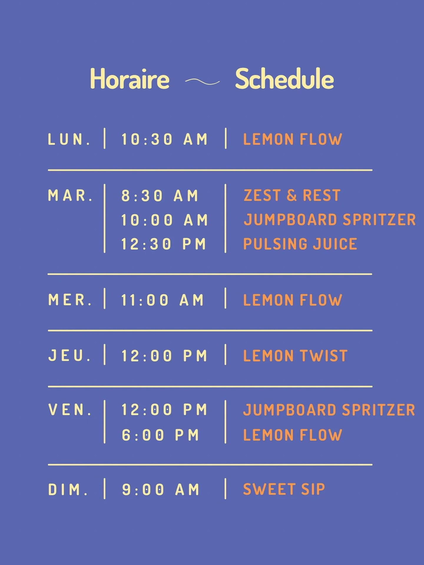Our weekly schedule - Let&rsquo;s move &amp; feel great together!

Whether you&rsquo;re a beginner or more advanced, there&rsquo;s a class for you 🍋
