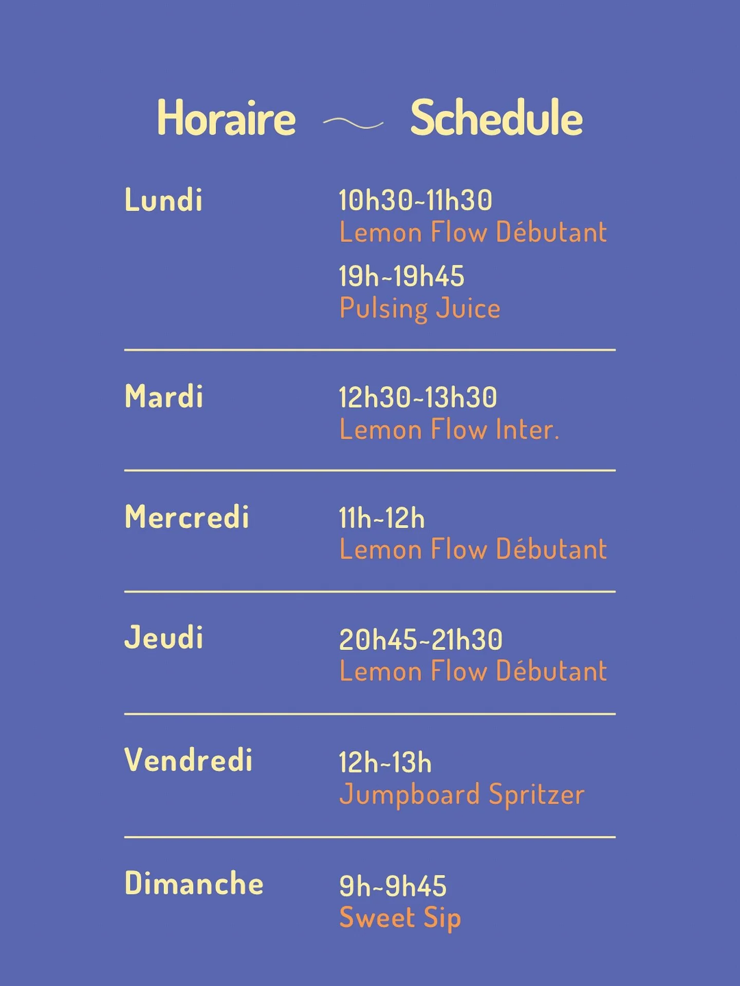 Our weekly schedule - Let&rsquo;s move &amp; feel great together!

Whether you&rsquo;re a beginner or more advanced, there&rsquo;s a class for you 🍋