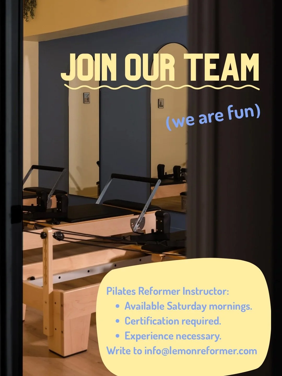 Join our team!

Nous recherchons une instructrice de Pilates certifi&eacute;e sur reformer disponible les samedis matins!

Envoie-nous ton CV : info@lemonreformer.com

~

We are looking for a qualified Pilates Reformer instructor to lead classes on S