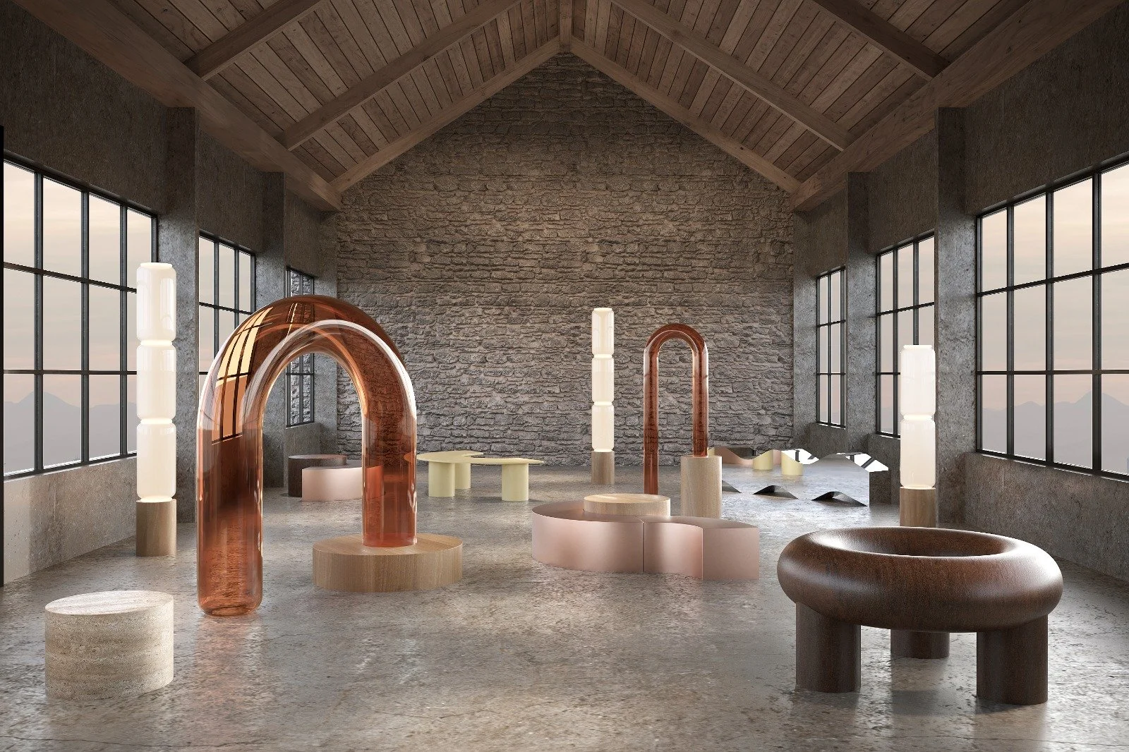 Interior of a modern art gallery with various abstract sculptures made of different materials and colors, large windows on both sides, and a high wooden ceiling with exposed beams.