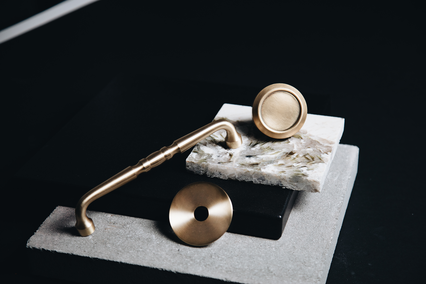 custom door knob, pull, and rose in burnished brass finish
