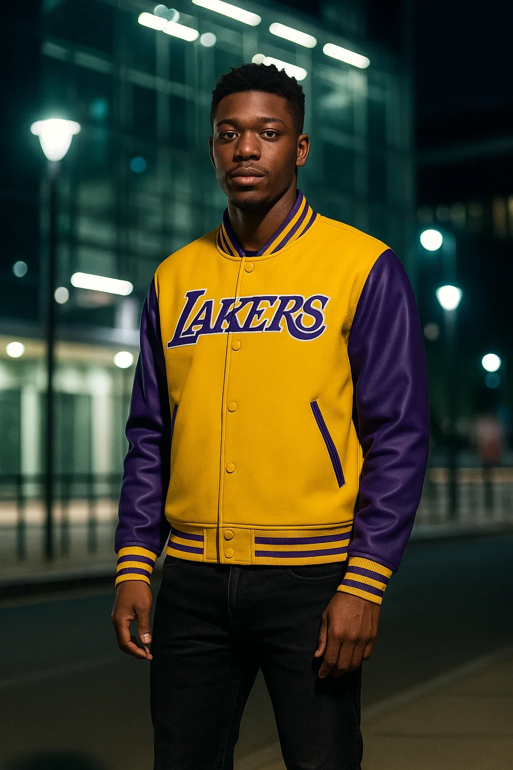A young man standing outdoors at night wearing a yellow and purple Los Angeles Lakers varsity jacket in front of a glass building with illuminated windows.