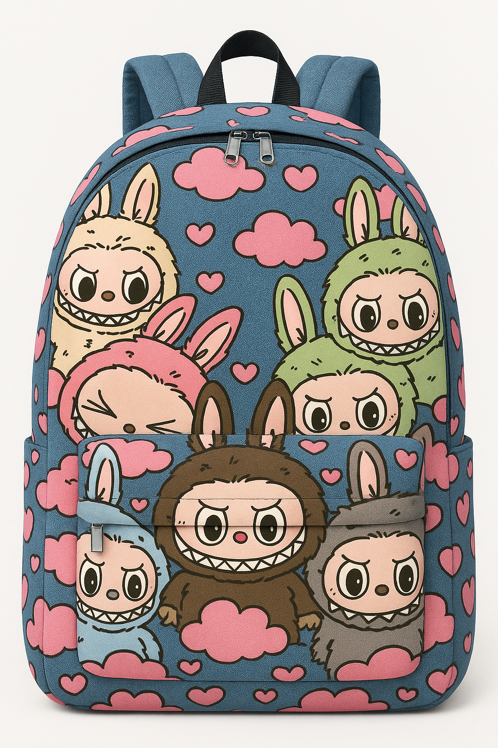 A blue backpack featuring cartoon characters in animal hood costumes with pink hearts and clouds in the background.