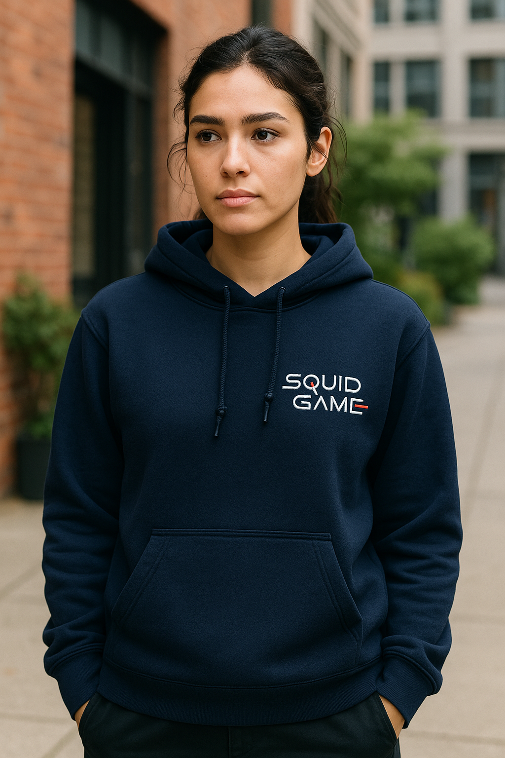 Young woman outdoors wearing a navy hoodie with 'SQUID GAME' logo, hands in pockets, serious expression.