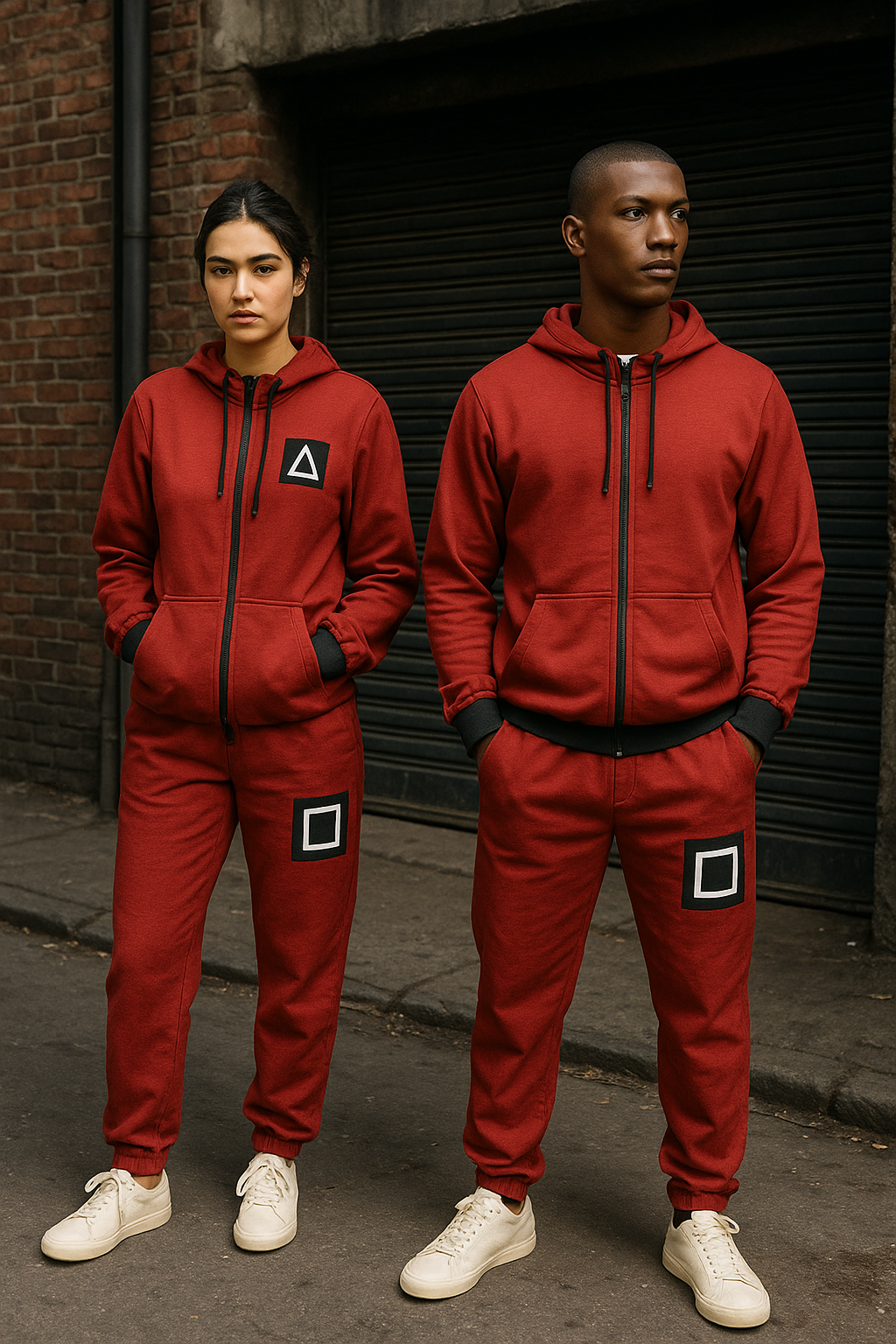 A woman and a man standing outdoors in front of a brick building with a black garage door, both wearing matching red hooded tracksuits with black and white graphic patches, and white sneakers.