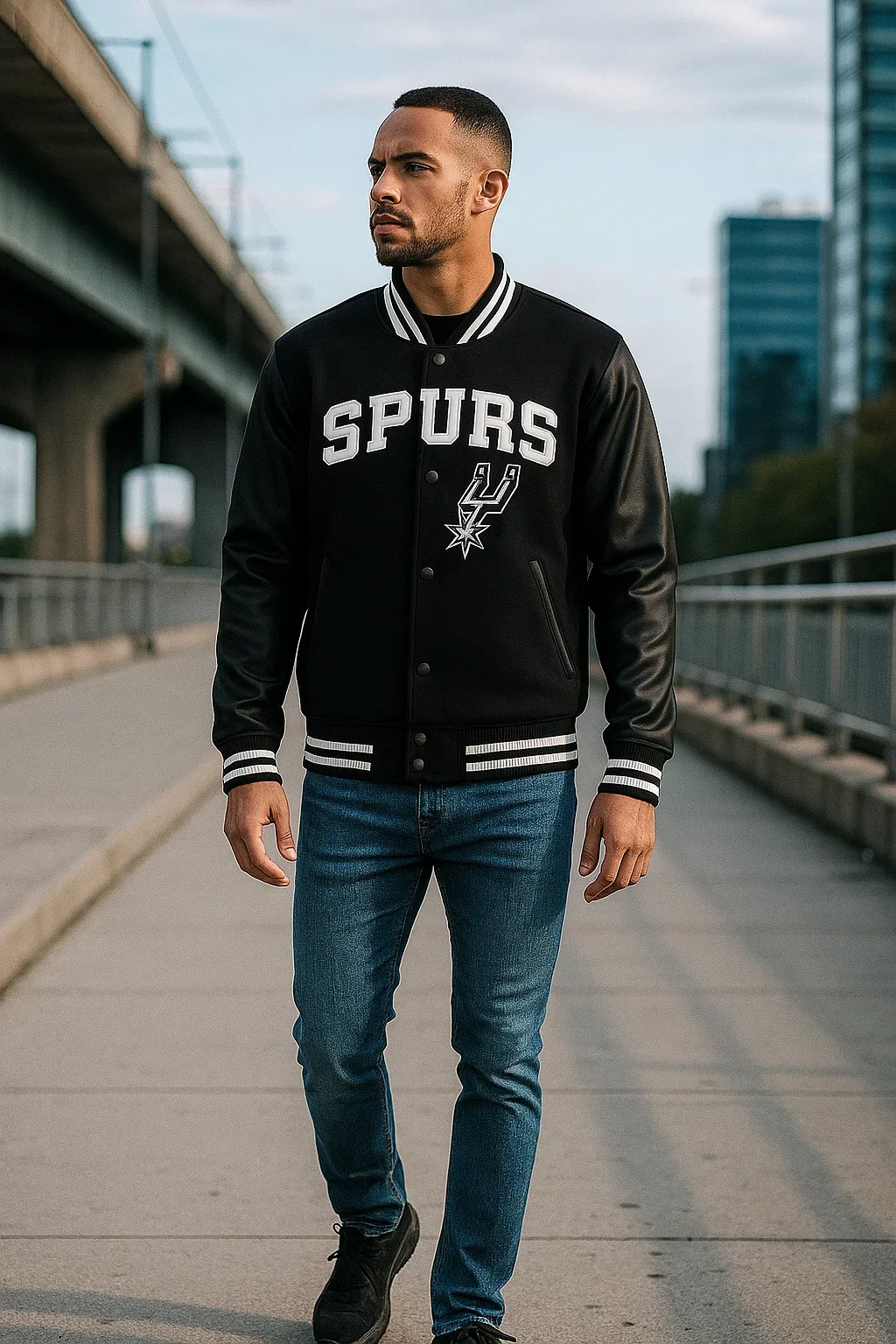 A man walks on a city sidewalk wearing a black San Antonio Spurs jacket and blue jeans, with a bridge and skyscrapers in the background.