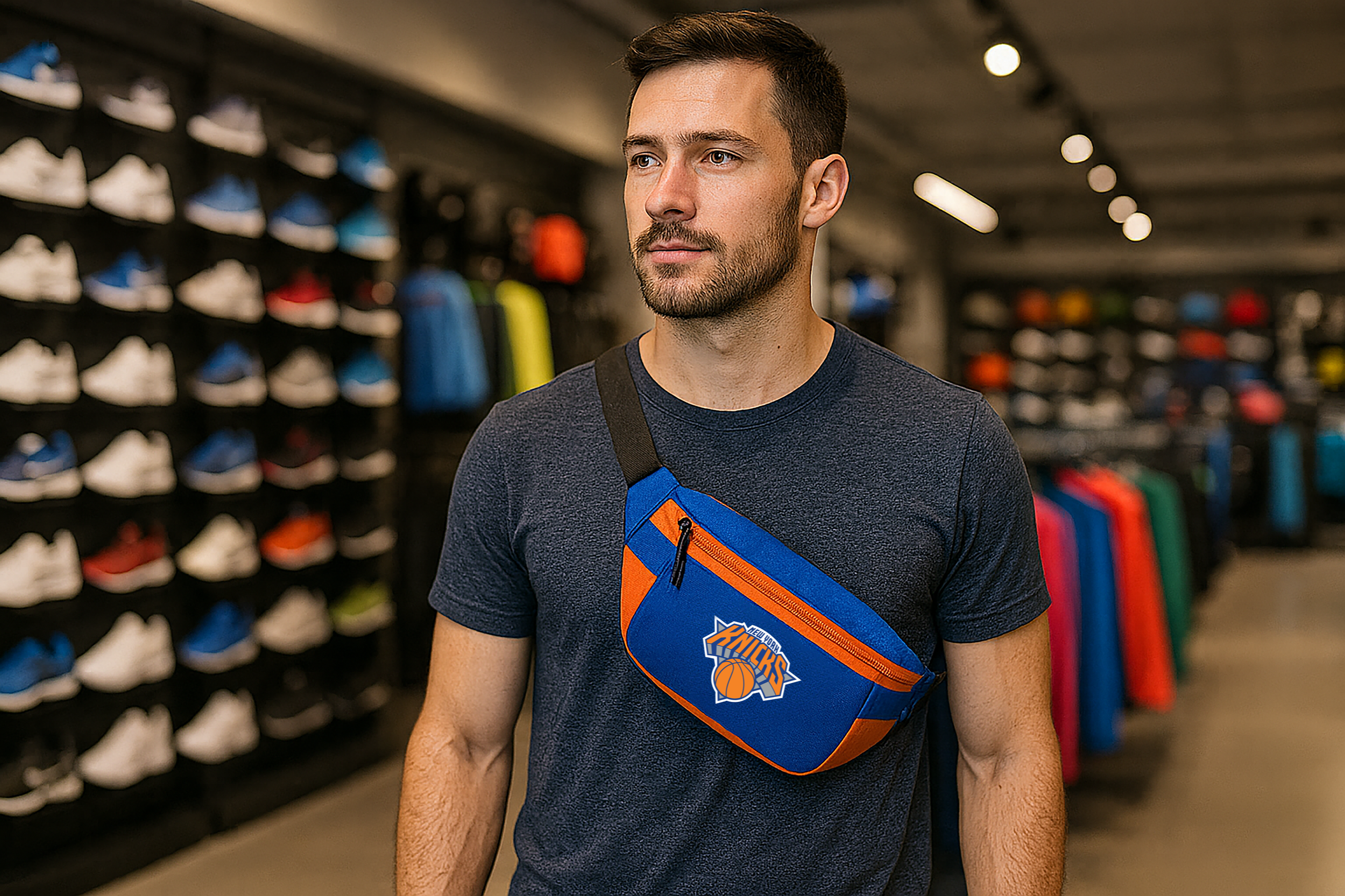 A young man shopping at a sports store wearing a blue New York Knicks fanny pack.