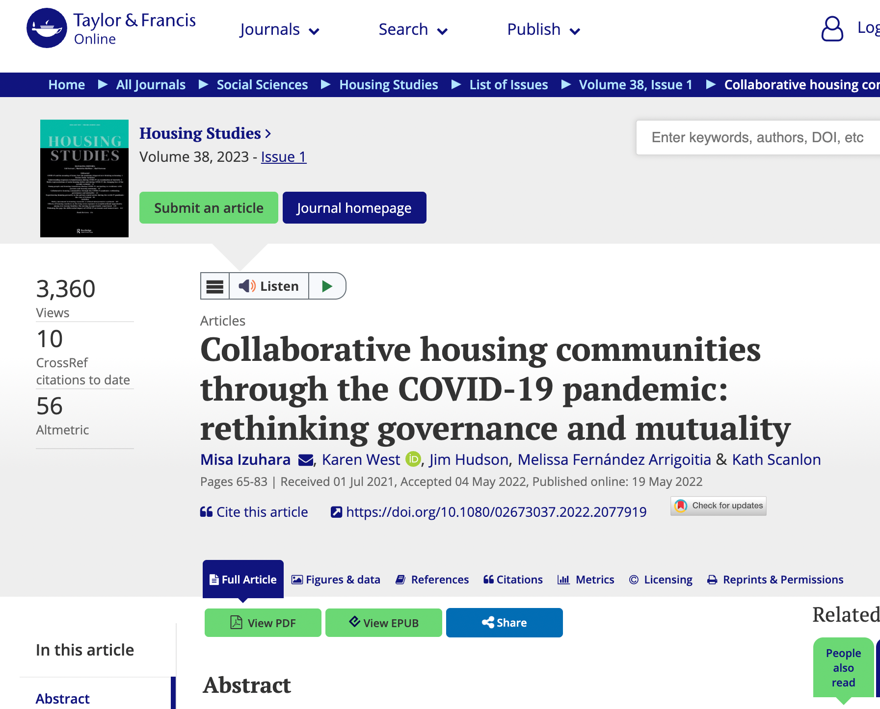 JOURNAL ARTICLE: Collaborative housing communities through the COVID-19 pandemic: rethinking governance and mutuality. Housing Studies. 2023