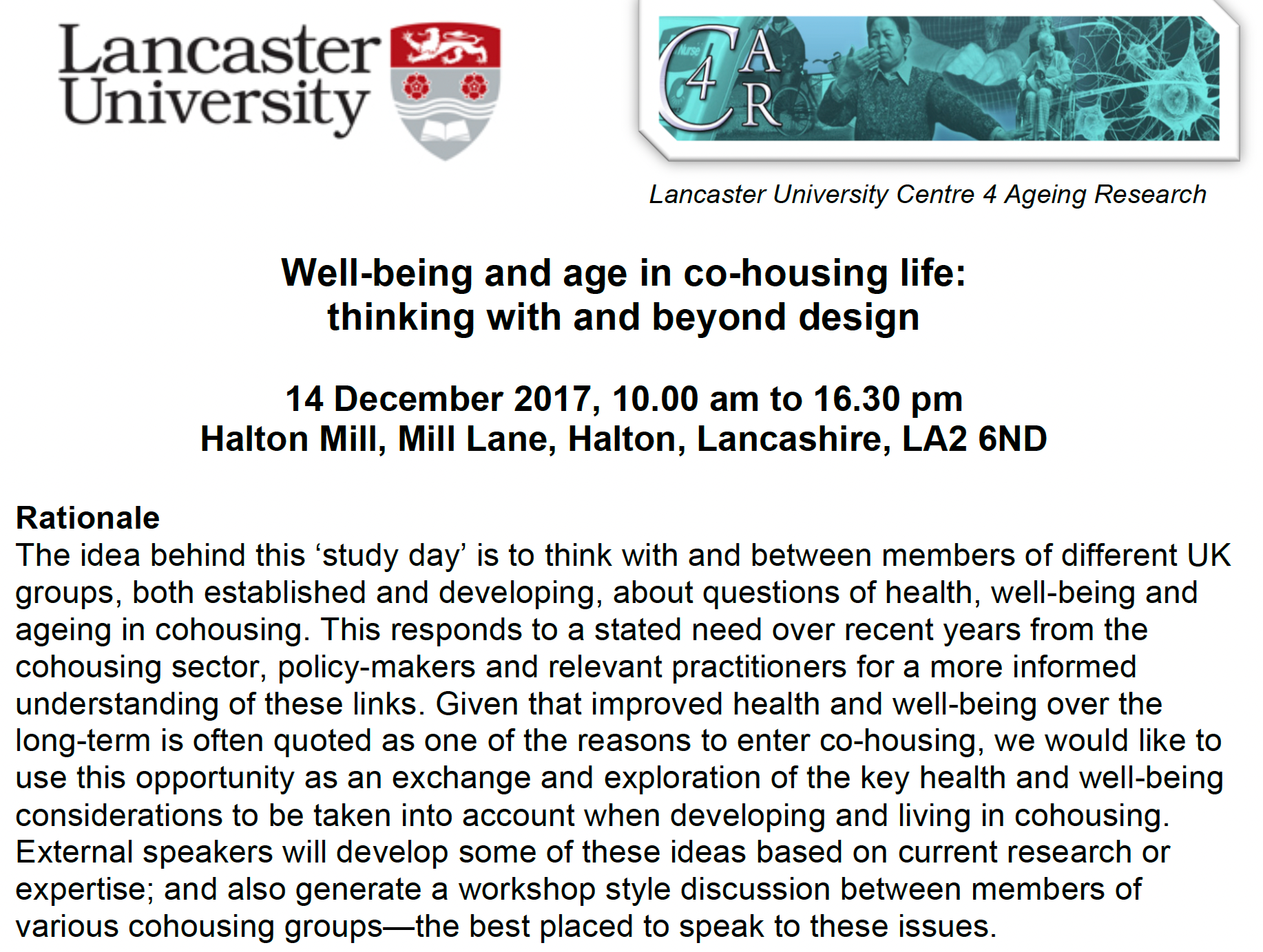 STUDY DAY & BLOG: ‘Well-being and age in co-housing life: Thinking with and beyond design’ (with West, K. and Scanlon, K.) January 2018.