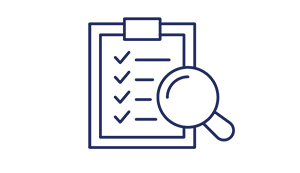 Checklist with magnifying glass icon.