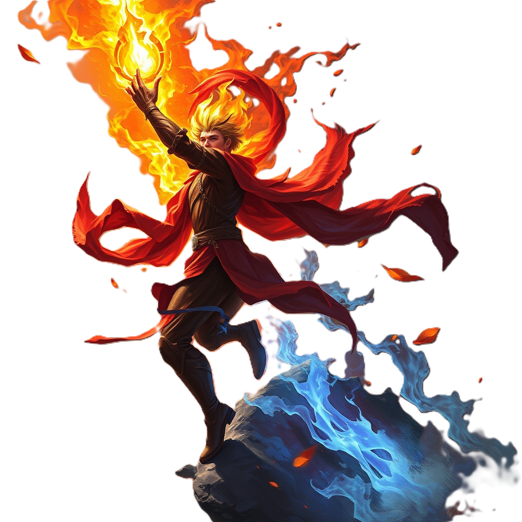 A fantasy character stands on a rock surrounded by flames and blue fire, wielding fire in one hand. The character has long flowing hair, wears dark clothing and armor, with a fiery aura around them.
