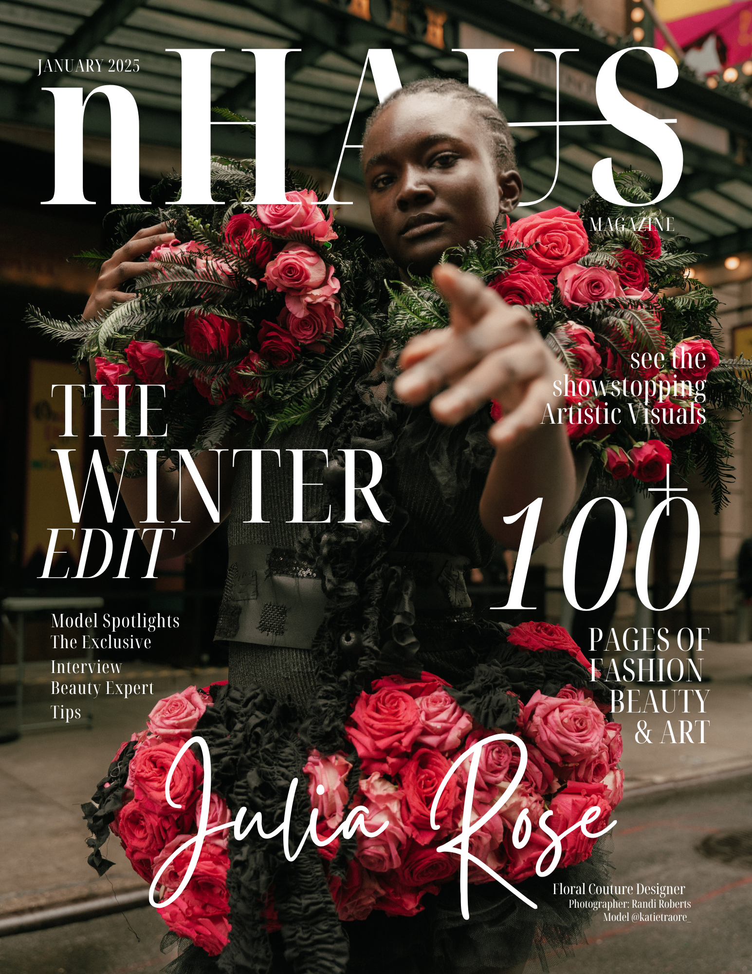 Model wearing a floral dress made of pink and red roses on the cover of January 2025 issue of NLHS Magazine, standing outdoors with a blurred urban background.