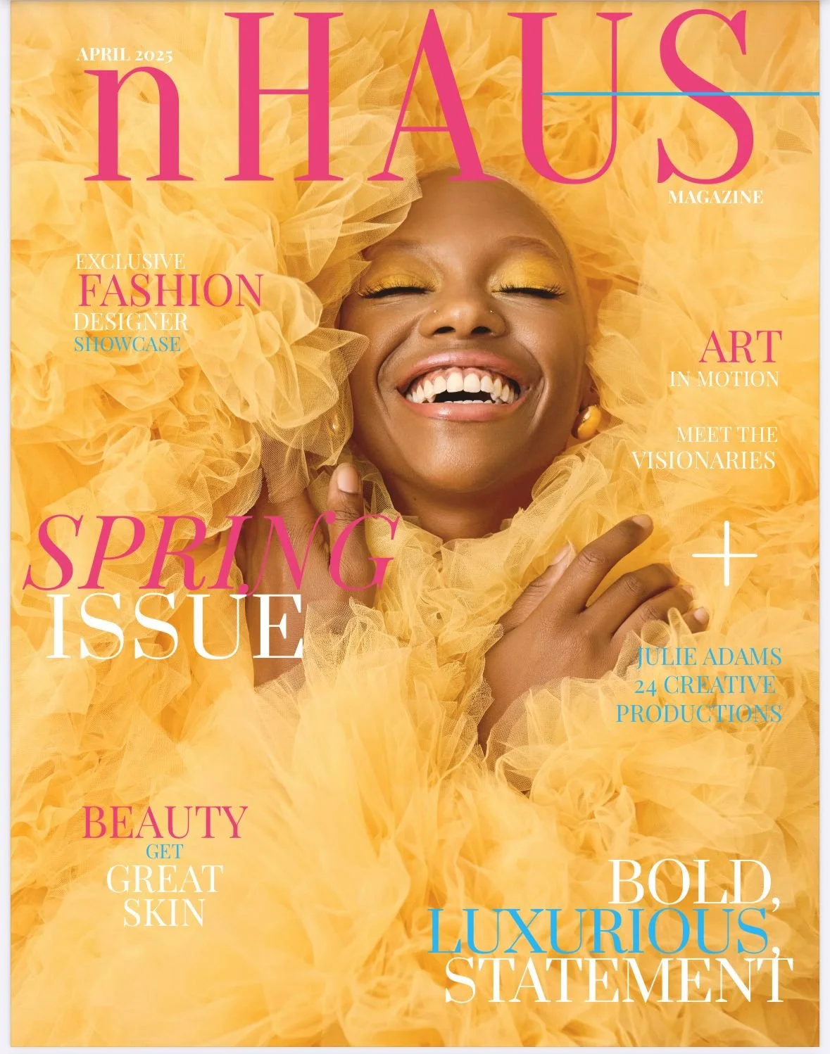 Cover of a magazine featuring a smiling woman with closed eyes, wearing a fluffy yellow outfit and matching headpiece, with pink and blue text highlighting articles inside.