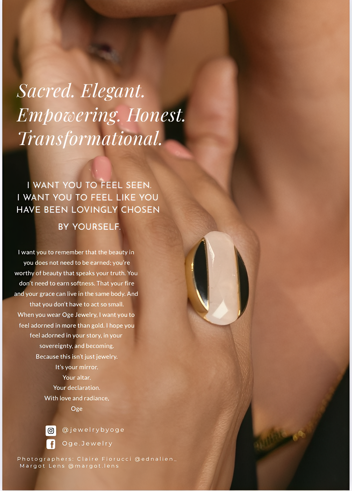 Close-up of a woman's hand with a statement ring, with partial view of her face and shoulder, promoting jewelry and empowerment.