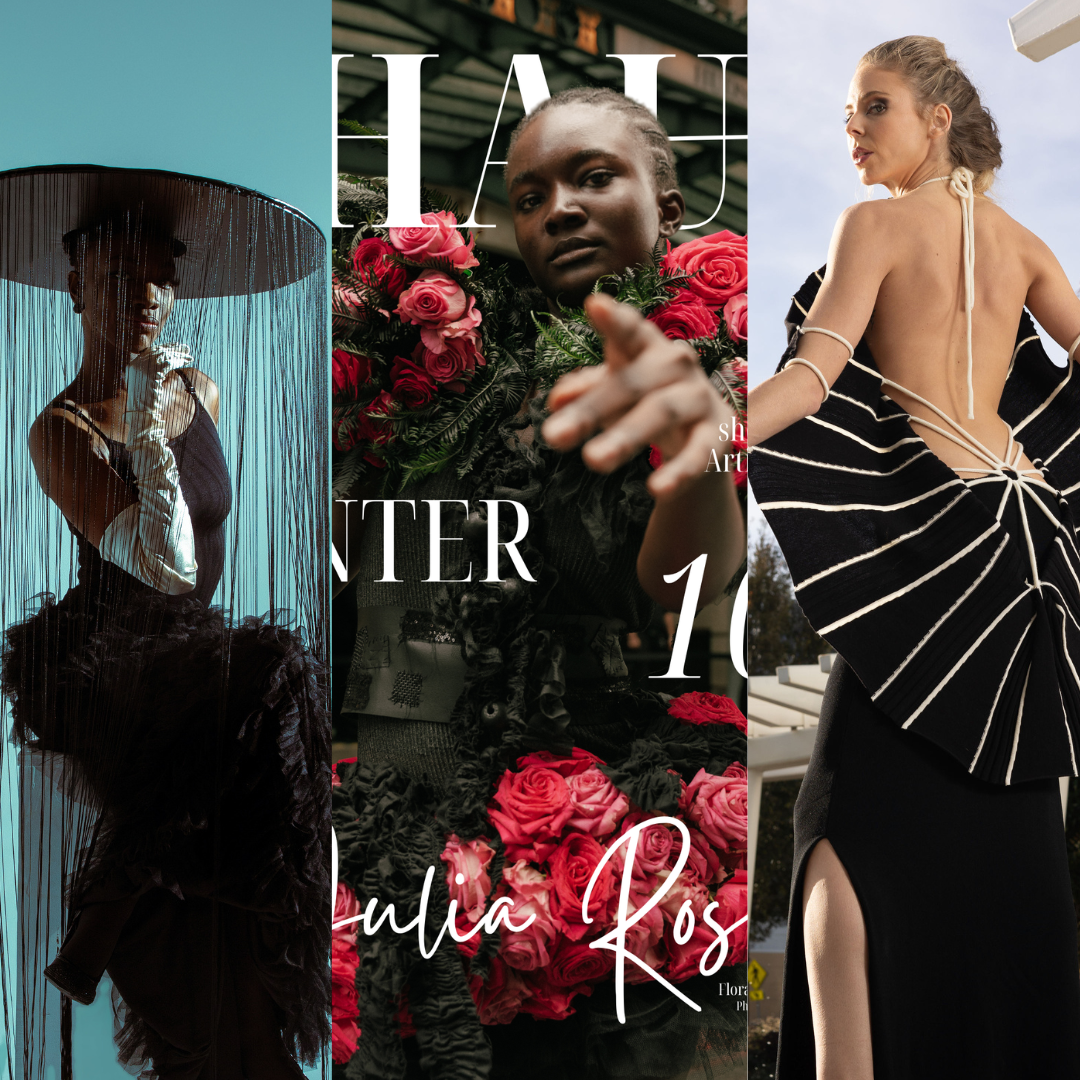 Three women in fashion photoshoots: the first woman in a black and white outfit under a wide, circular, black hat with hanging fringe; the second woman with dark skin surrounded by pink roses on a magazine cover; the third woman in a backless black dress with white stripes and arm cuffs, outdoors against a sky background.