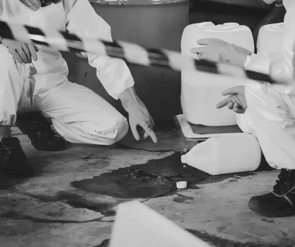 Response team assessing a chemical spill during emergency disinfection services supported by a trained janitorial cleaning company.