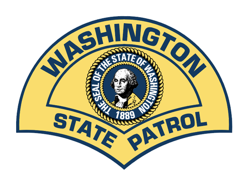 Washington State Patrol badge with a yellow and blue design, featuring the seal of the state of Washington and an image of George Washington.