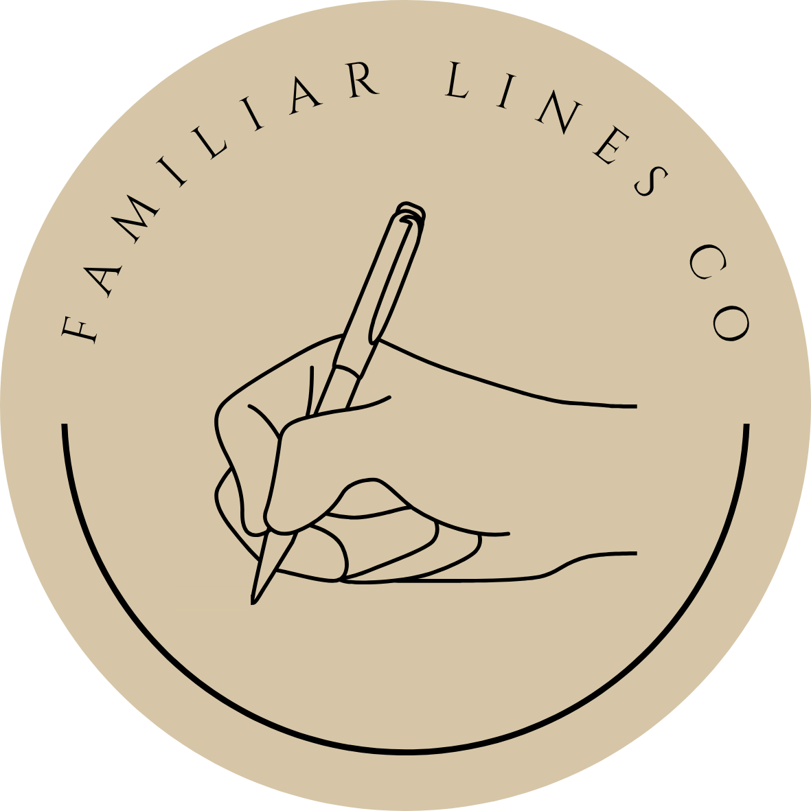 Logo with a hand holding a pen, surrounded by the text "FAMILIAR LINES CO" on a beige circular background.